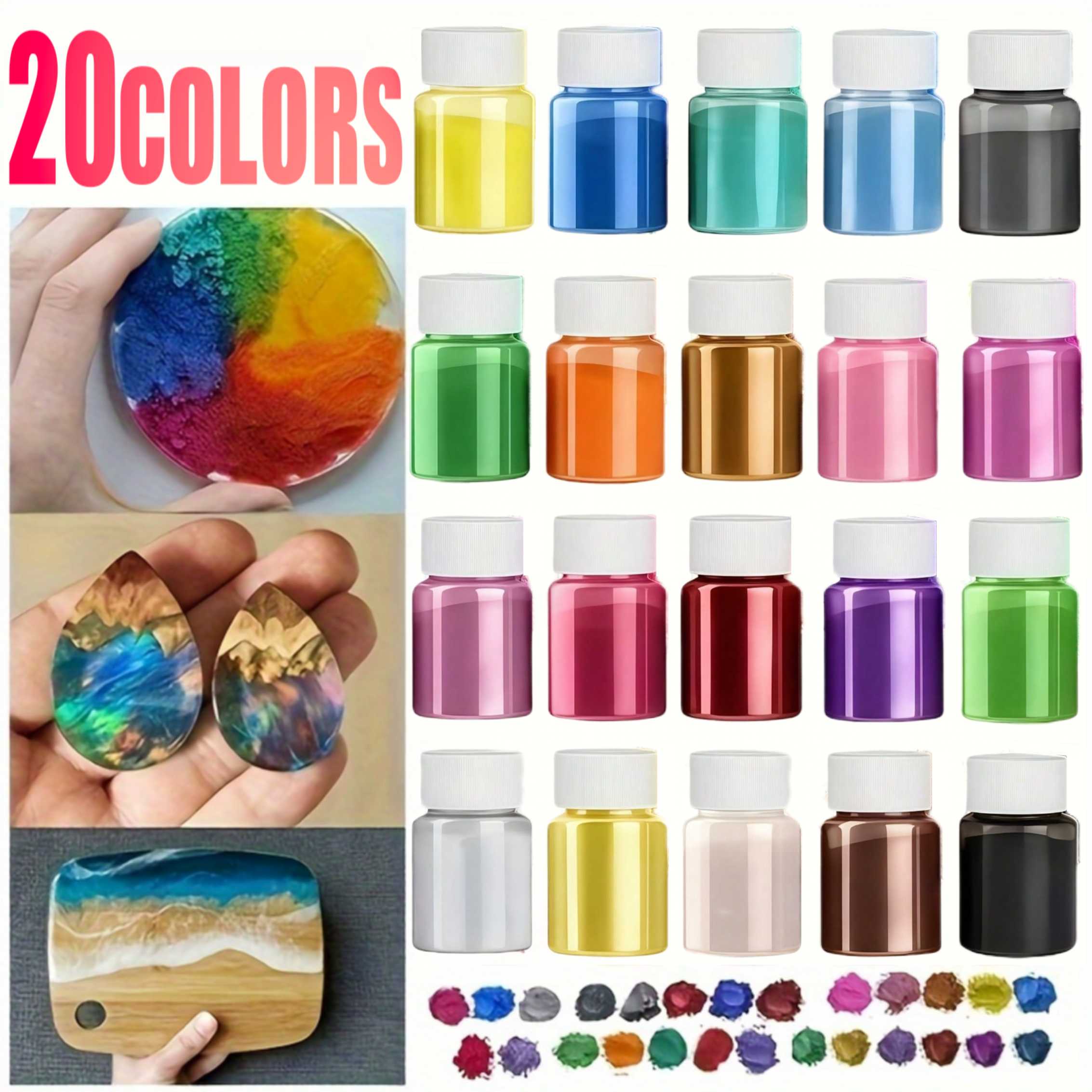 Mica Powder Pigment Metallic Color Epoxy - 20 cores, 20 ml, pó de